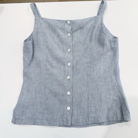 Vintage 90s Square Neck Tank Top Size 40 Large Blue 100% Linen Back Button Close - Picture 9 of 16